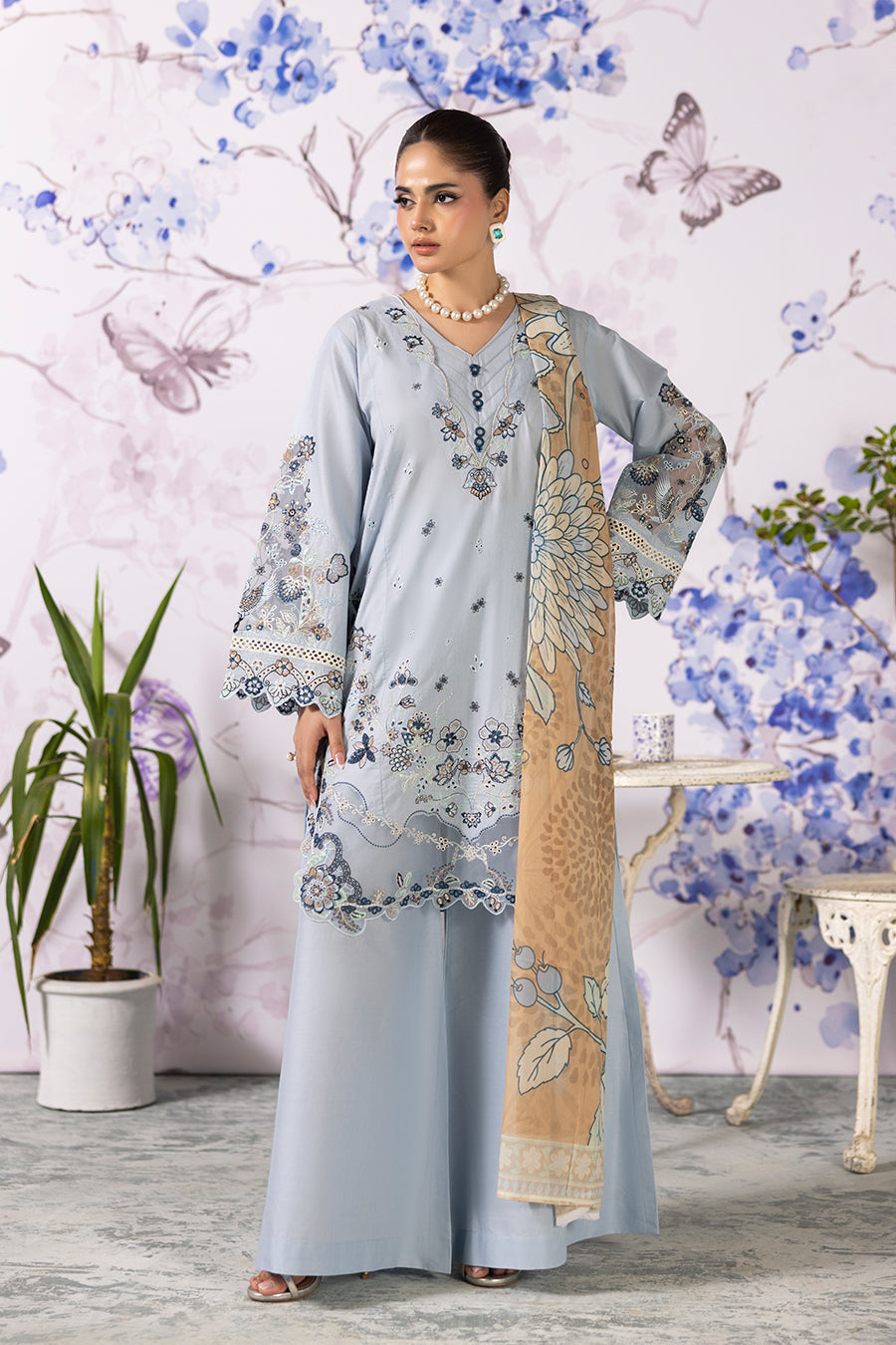 Aquamarine Emb-3PC - Zeenat Pret