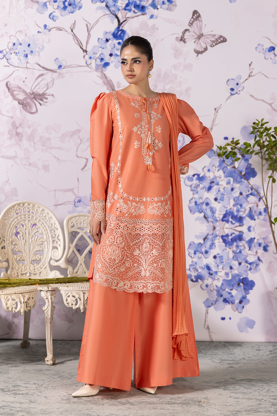 Peach Moonstone Emb-3PC - Zeenat Pret